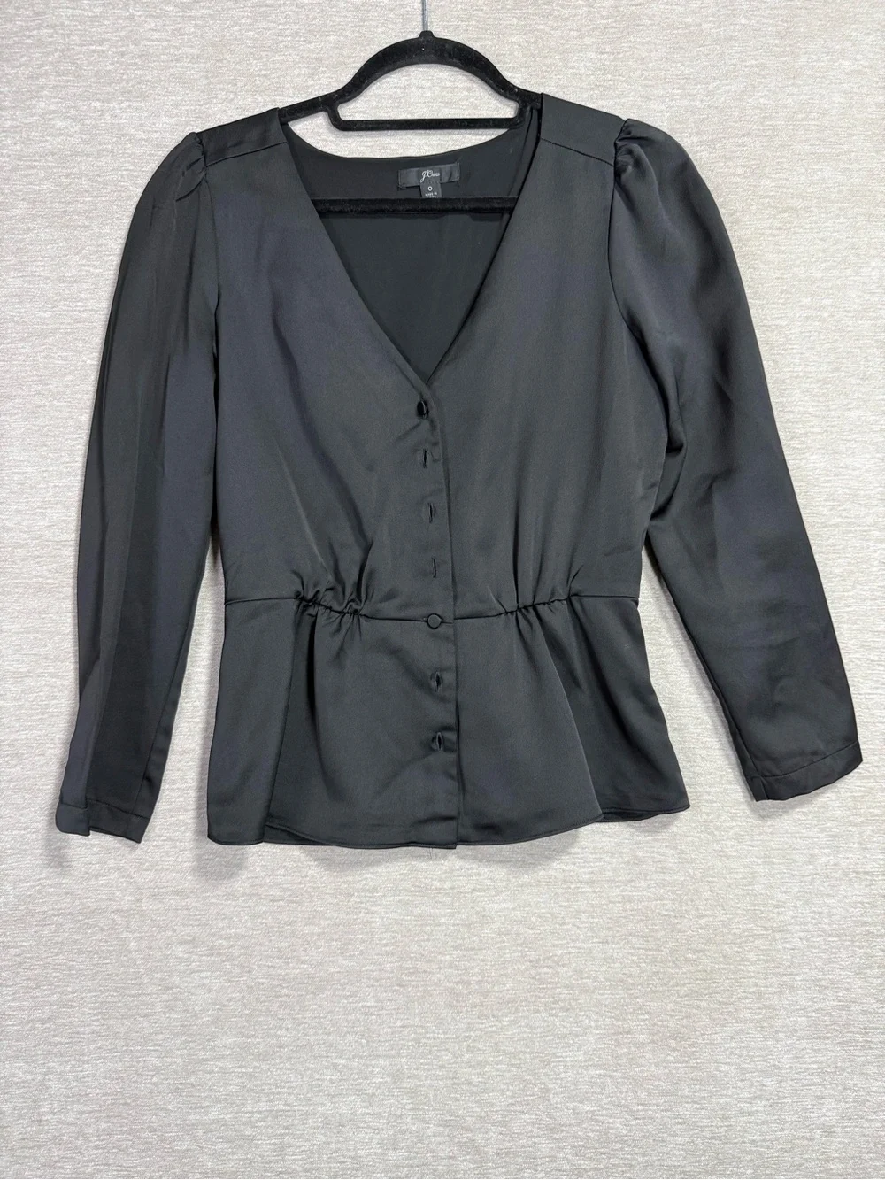 J.Crew Black V Neck Button Front Peplum Blouse Puff Sleeve Top Size 0 Petite